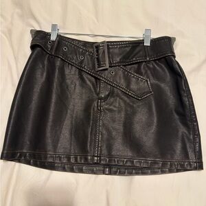 Brown/ Grey Leather Mini Skirt belted